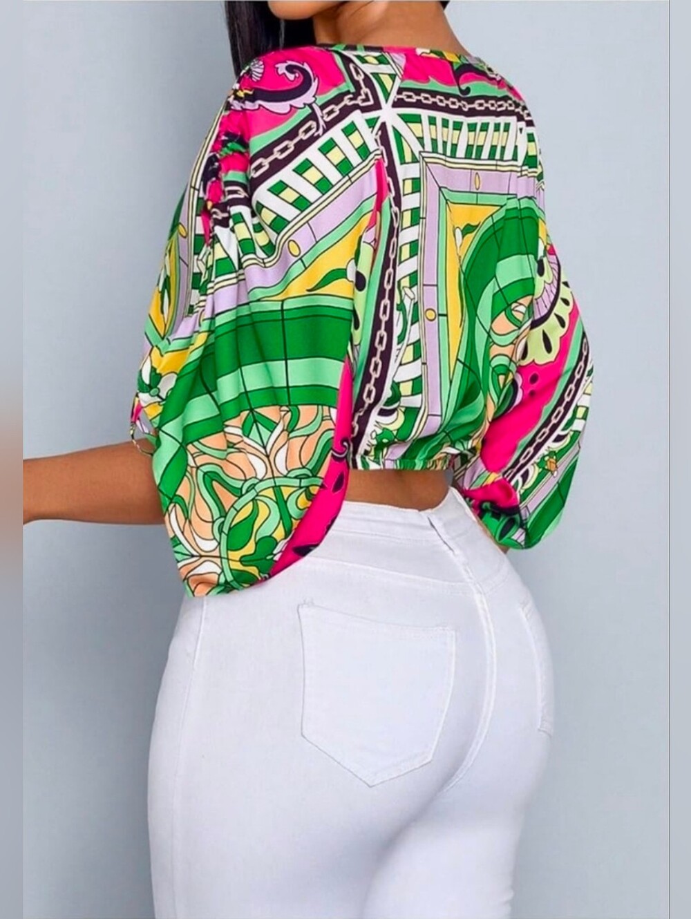 Women's Casual Asymmetrical Neck Drawstring Shirt With Random Floral Print - Picture 3 of 3